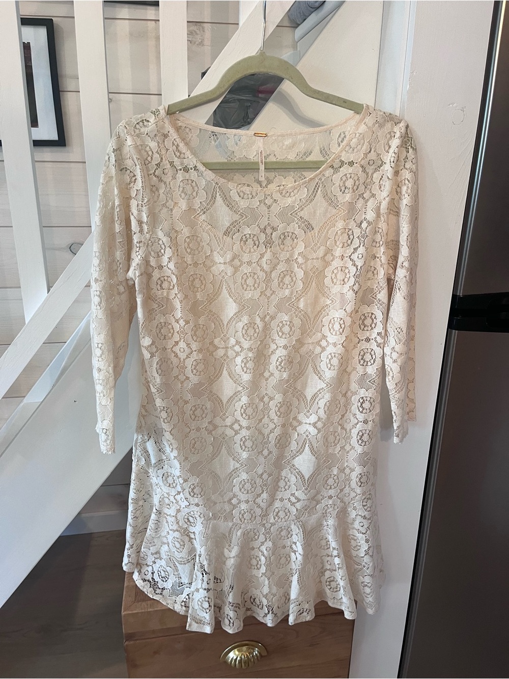 Free People Cream Lace Peplum Long Sleeve Dress